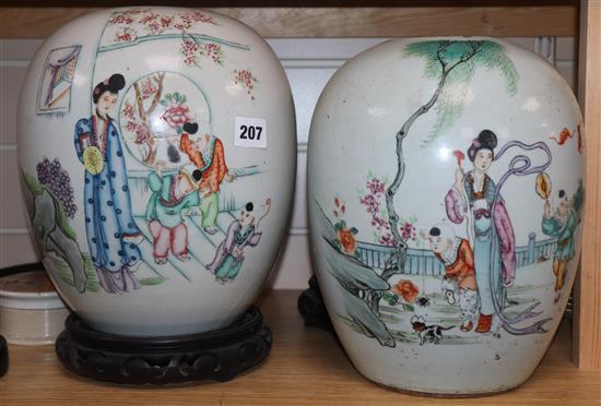 Two Chinese famille rose jars, lacking covers, associated hardwood stands height 27cm excluding stands